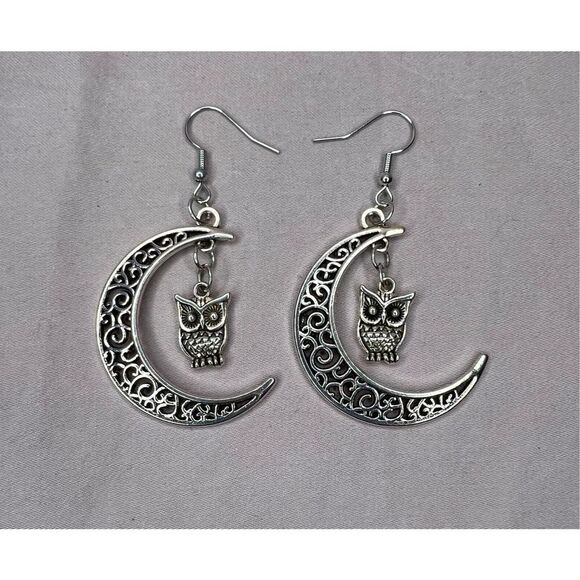Handmade Silver Dangly Crescent Moon Earrings With Owls - Picture 1 of 3
